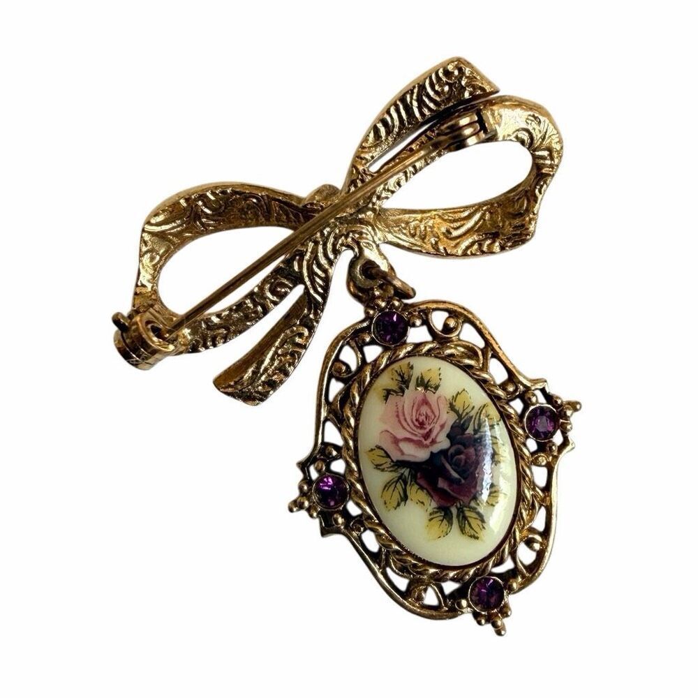 1928 Jewelry Victorian Style Bow Brooch With Porcelain Rose Dangle